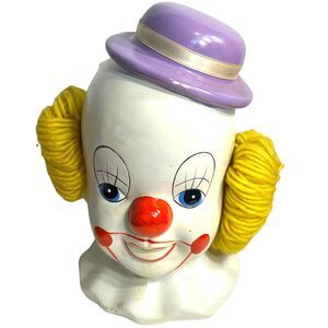 Vintage Clown Piggy Bank Coin Storage Ceramic & Yarn Painted Circus Hademade Art